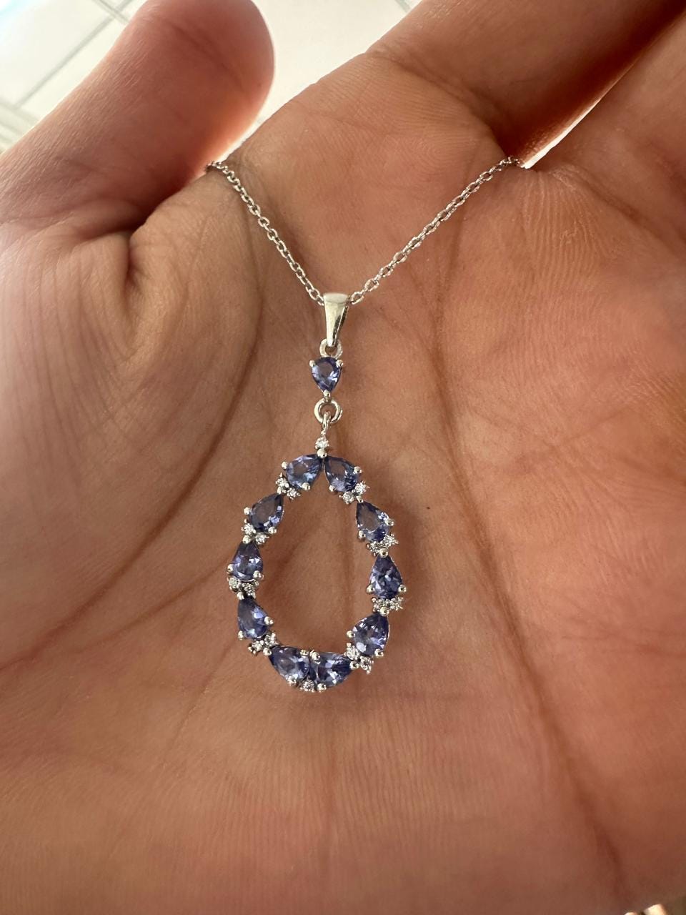 Tanzanite Pear Cut Drop Pendant Necklace, 925 Sterling Silver, Moissanite Accents