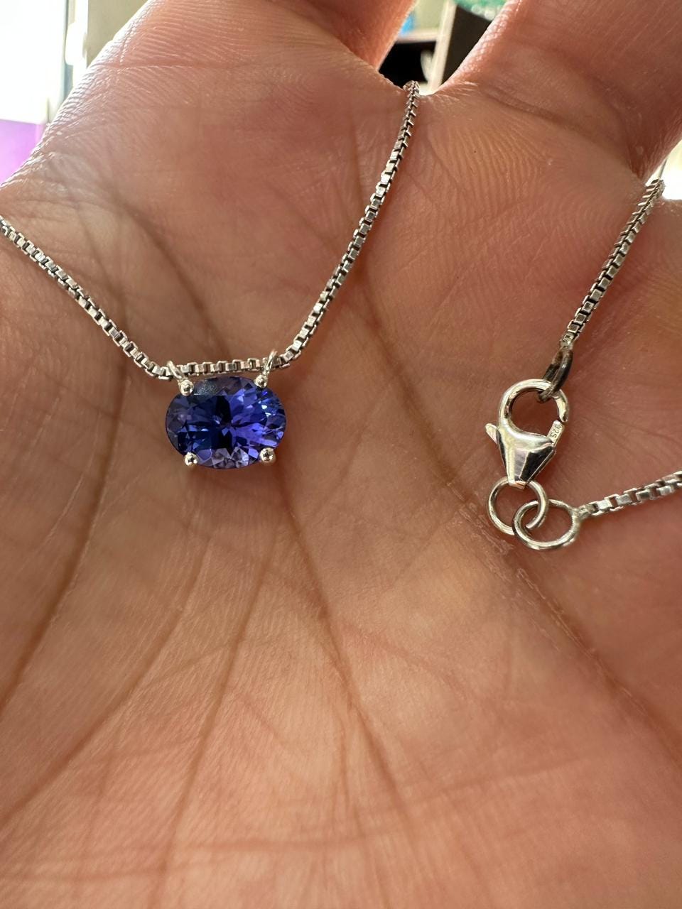 Natural Tanzanite Oval Solitaire Pendant Necklace | 14K White Gold, Blue Violet Gemstone, East-West Setting