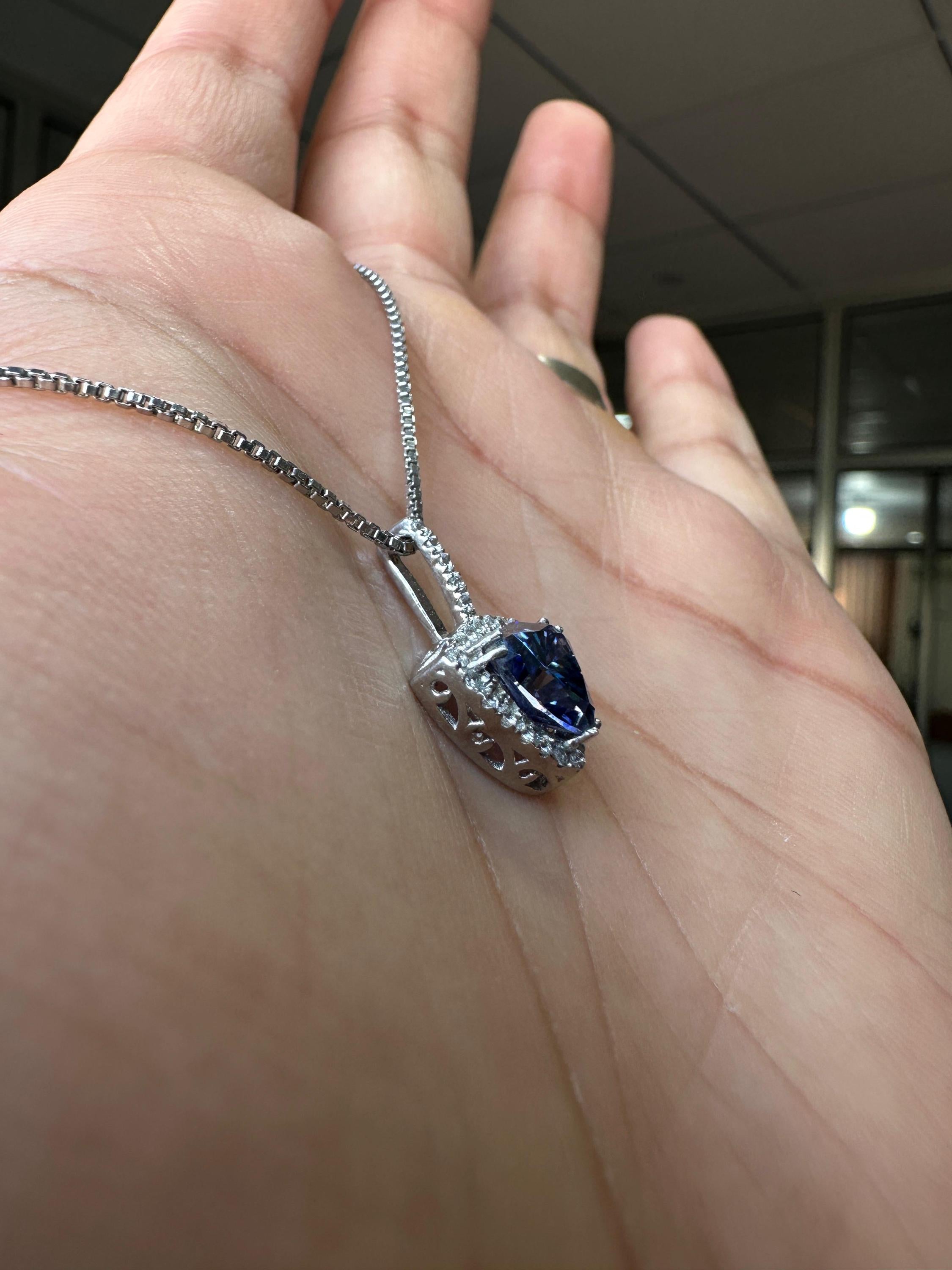 Blue Trillion Moissanite Halo Pendant | 925 Sterling Silver Necklace