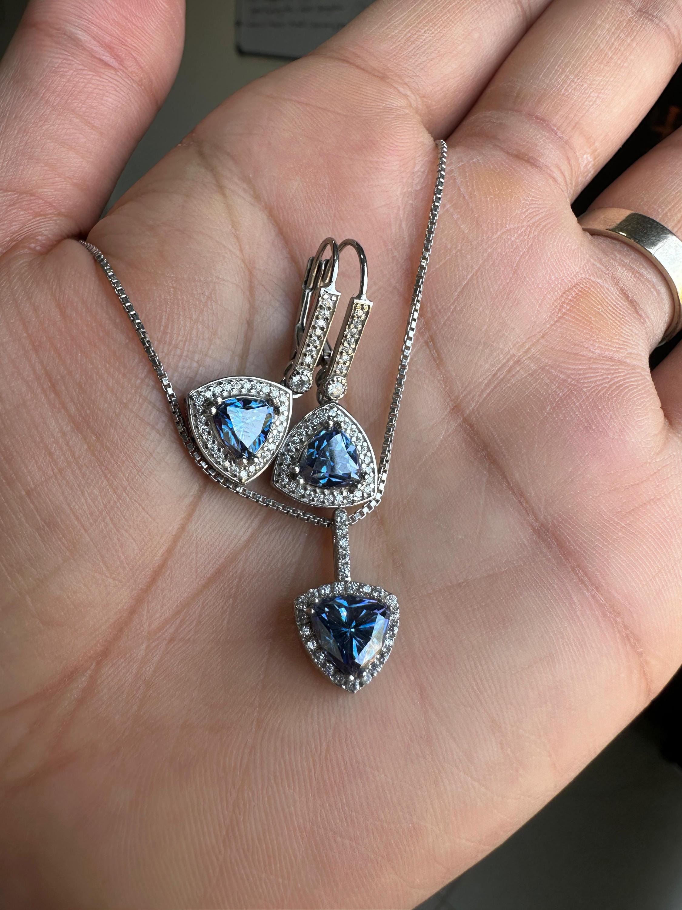 Blue Trillion Moissanite Pendant Earring Set | 925 Sterling Silver Halo Jewelry