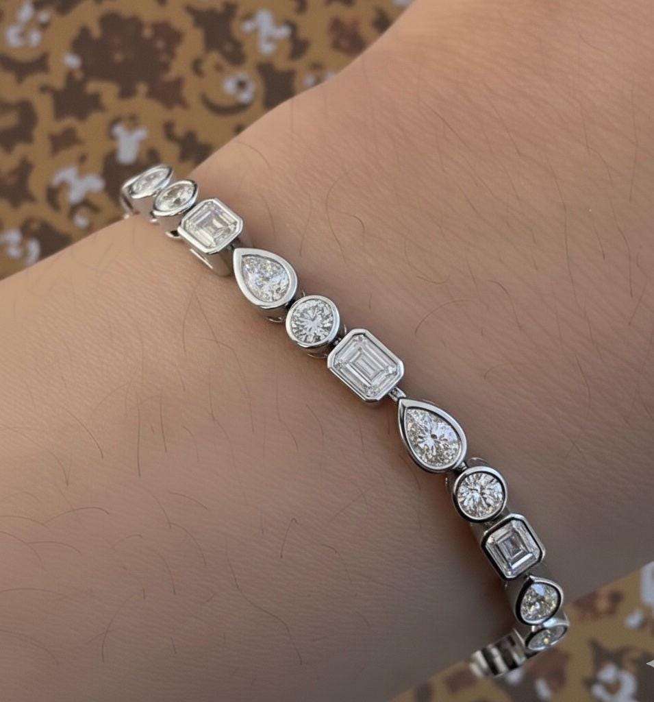 Multi-Shape Moissanite Tennis Bracelet | Gold Finish, Bezel Set