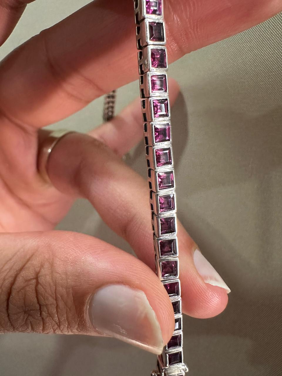 Royal Pink Rhodolite Tennis Bracelet | 925 Sterling Silver Finish, Bezel Set, Gift for him