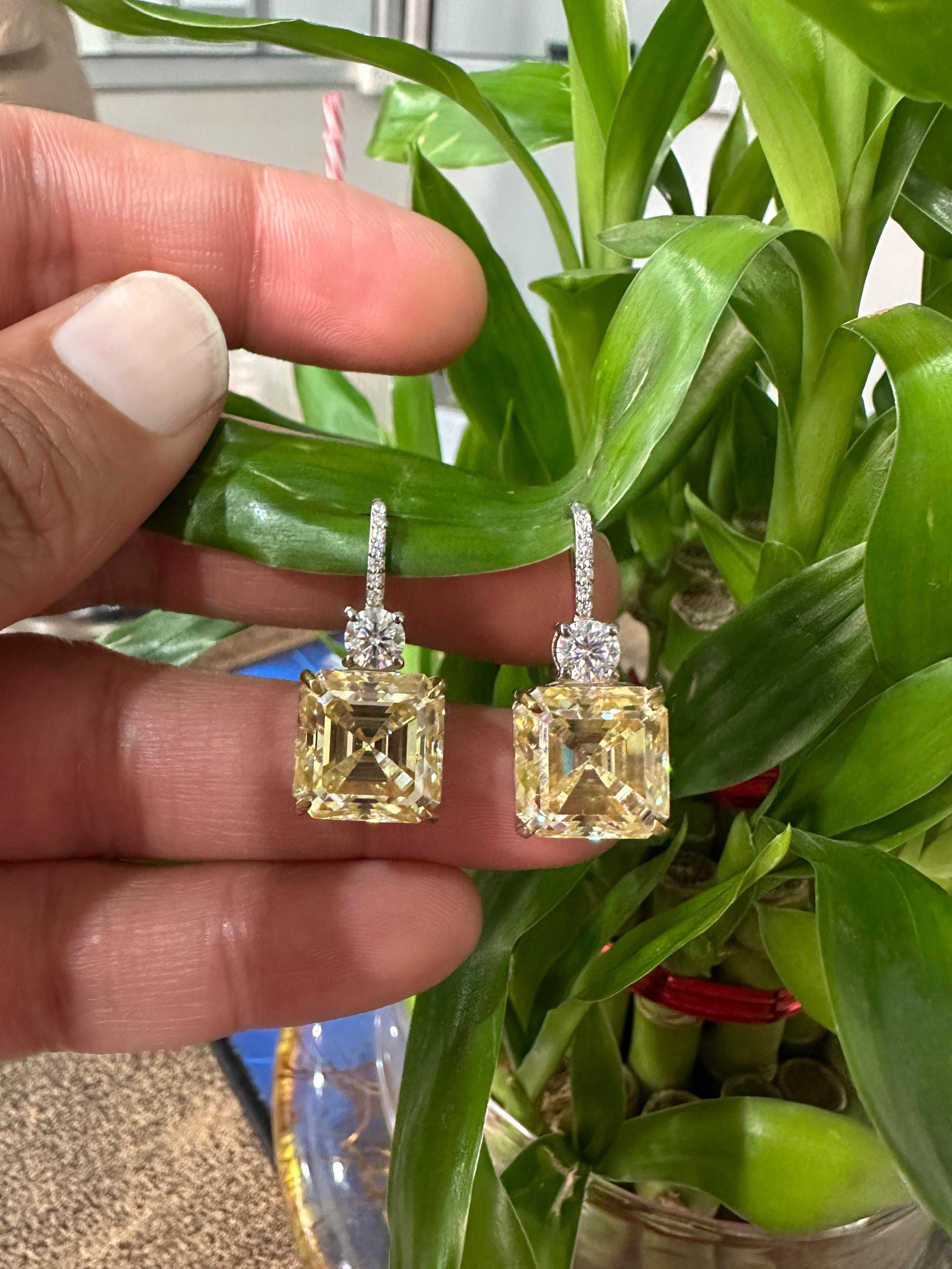 Yellow Moissanite Drop Earrings | Asscher Cut, Sterling Silver Earrings