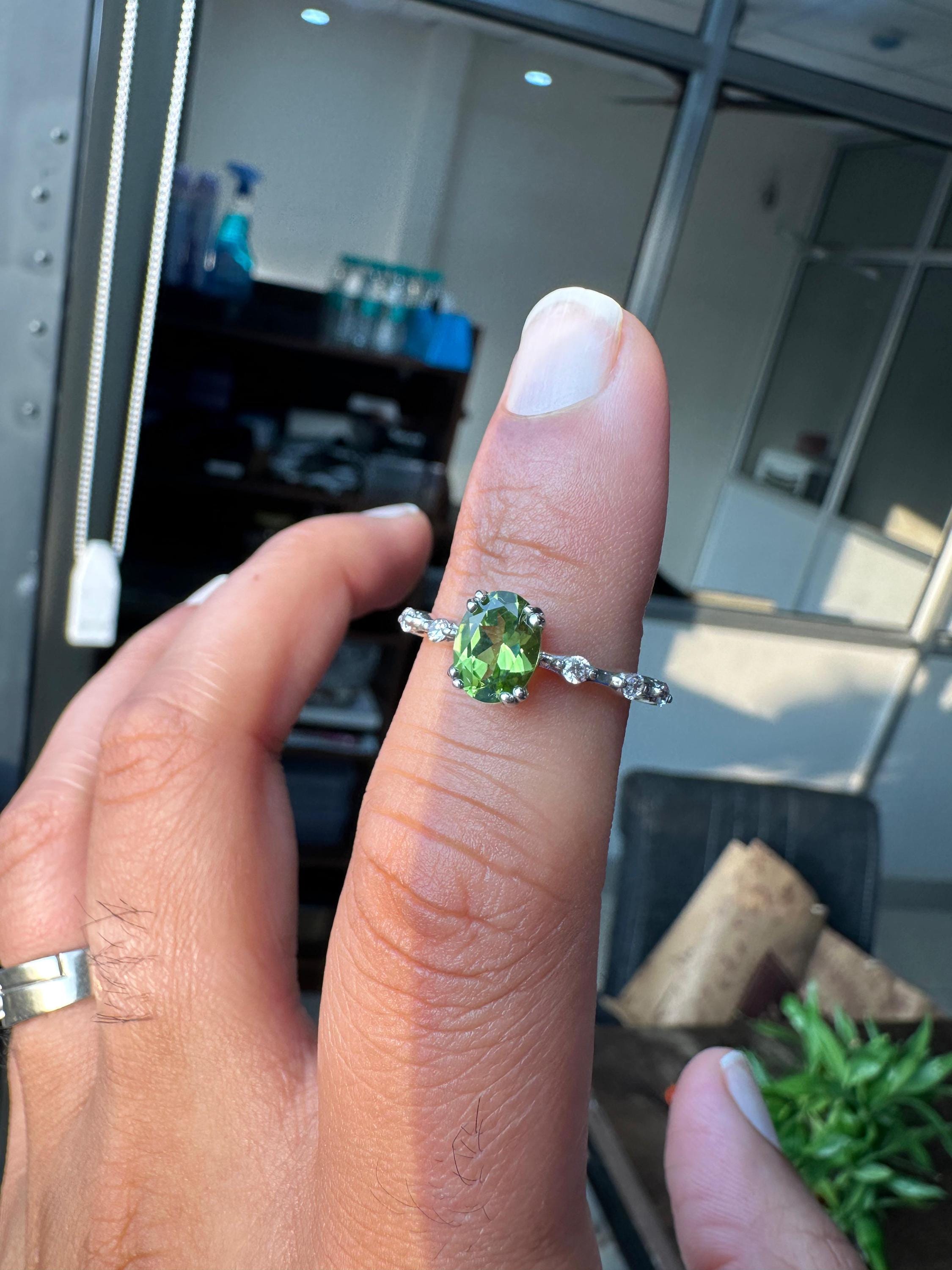 Oval Peridot Moissanite Engagement Ring | 14k White Gold Finish | August Birthstone Jewelry