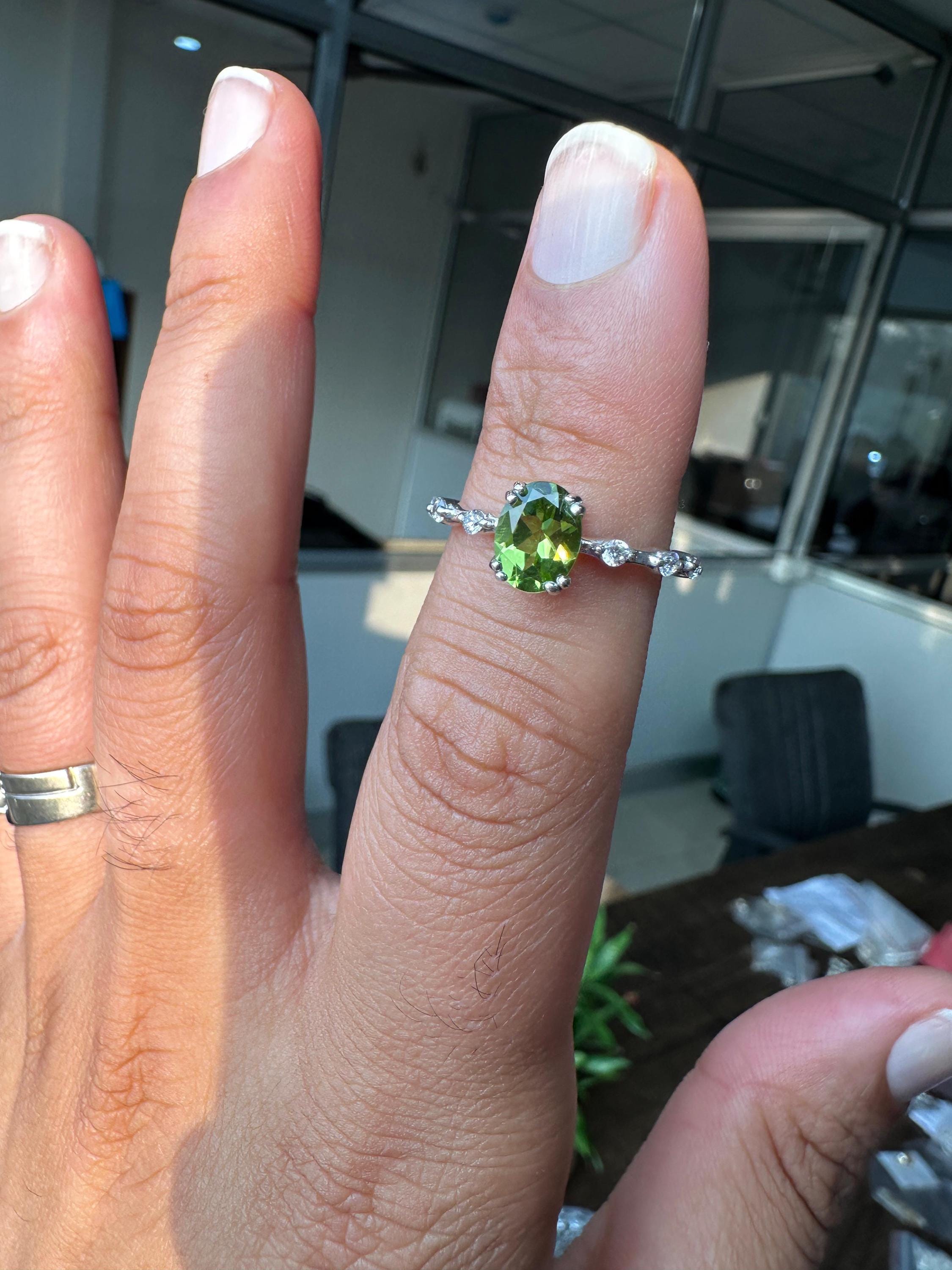 Oval Peridot Moissanite Engagement Ring | 14k White Gold Finish | August Birthstone Jewelry