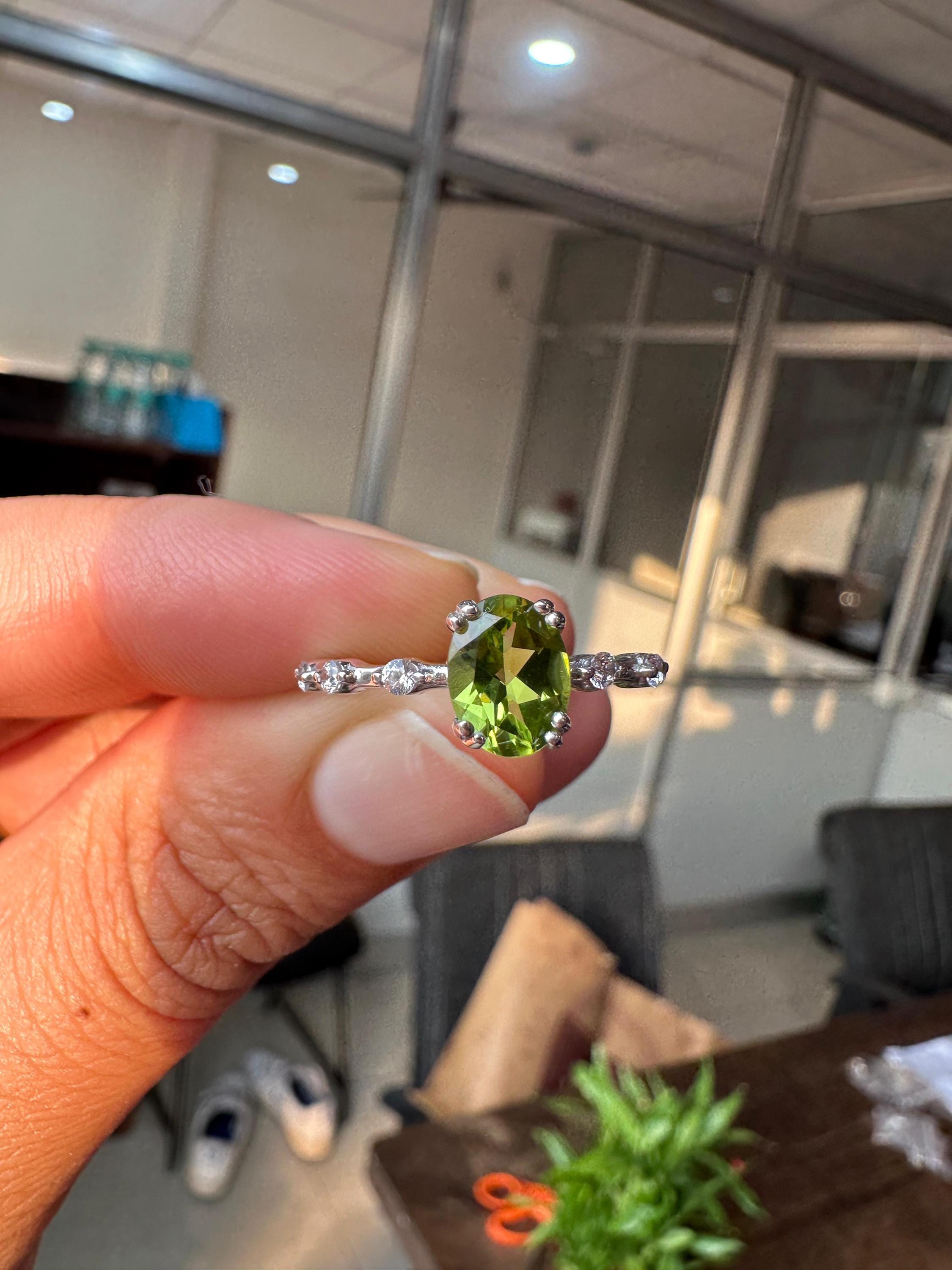 Oval Peridot Moissanite Engagement Ring | 14k White Gold Finish | August Birthstone Jewelry