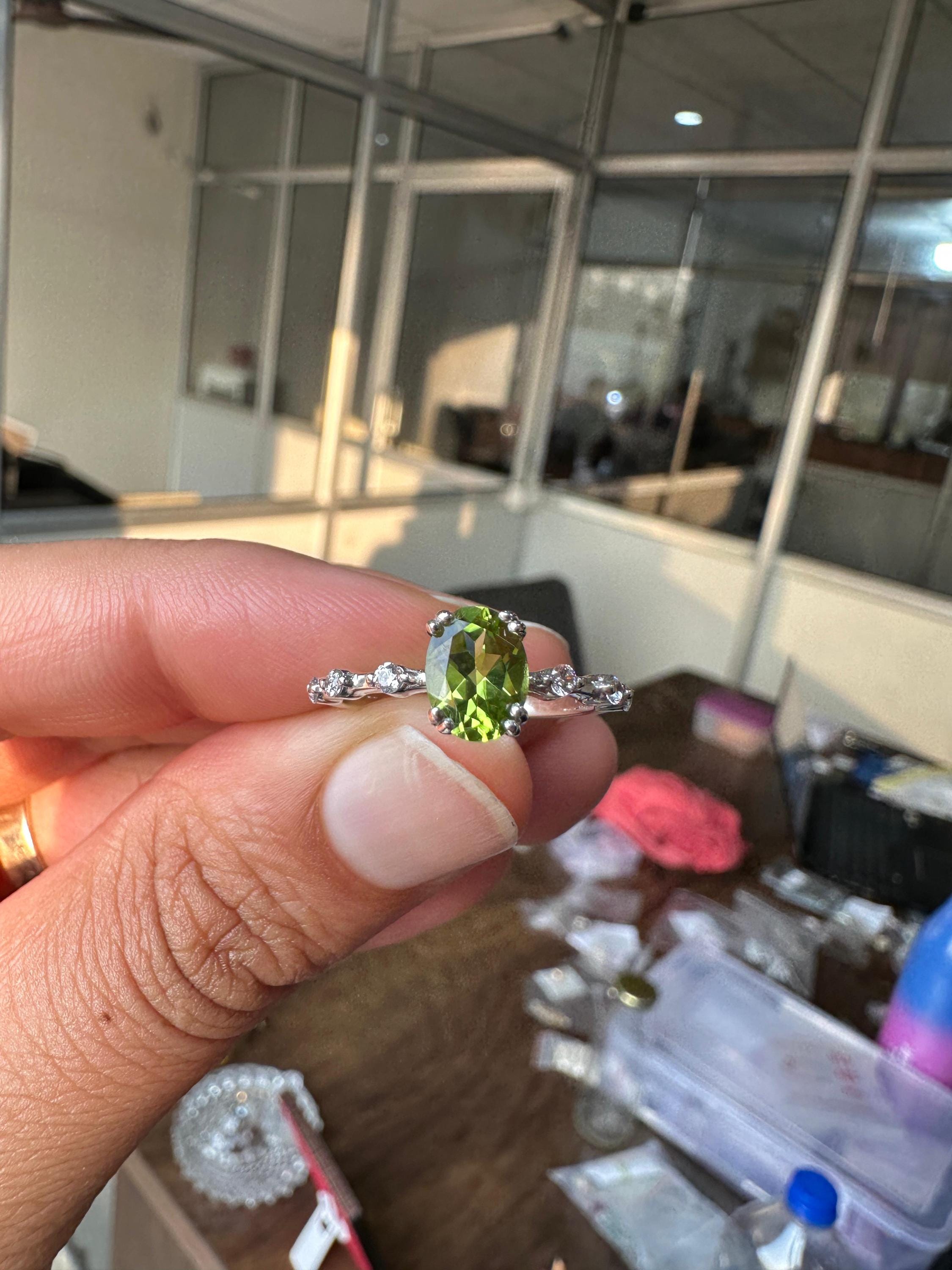 Oval Peridot Moissanite Engagement Ring | 14k White Gold Finish | August Birthstone Jewelry