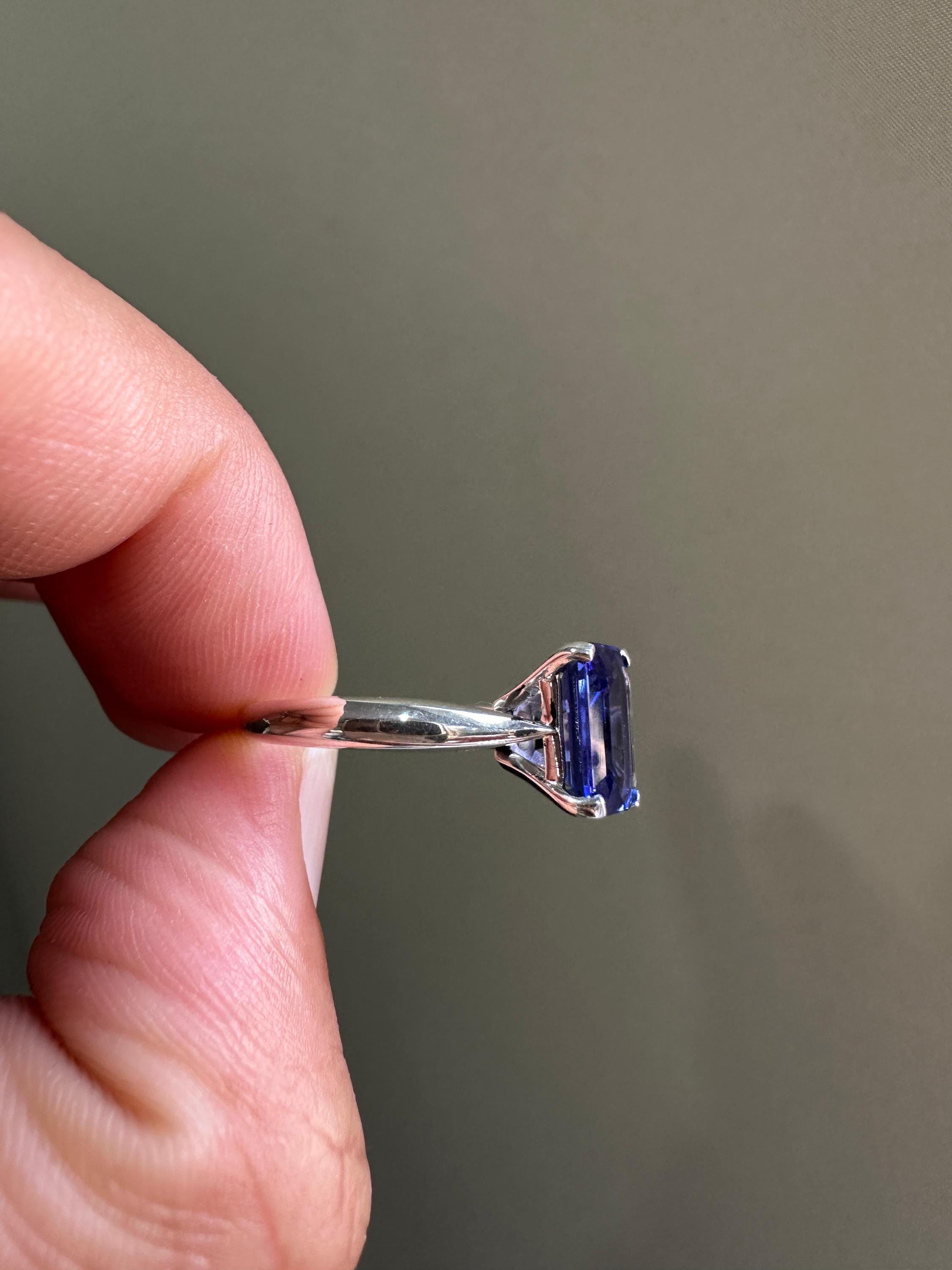 AAAA Tanzanite Engagement Ring | 14k White Gold Emerald Cut Solitaire