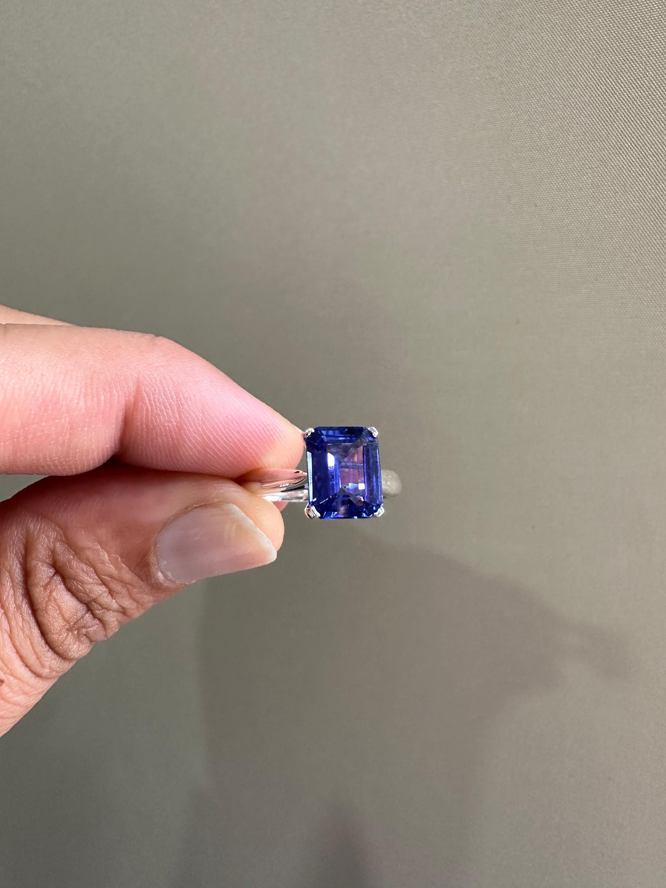 AAAA Tanzanite Engagement Ring | 14k White Gold Emerald Cut Solitaire