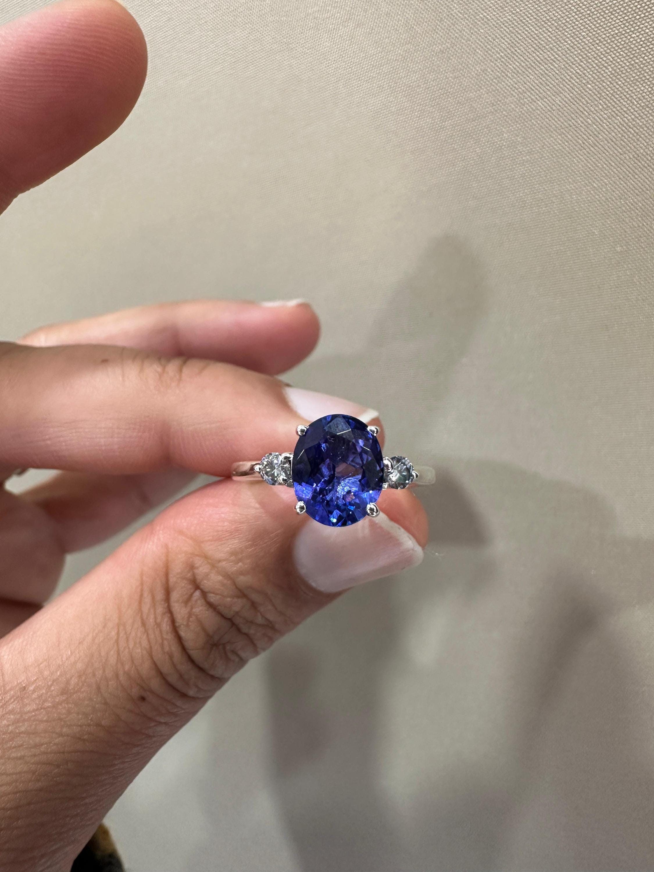 Exceptional Tanzanite Diamond Ring | 14k White Gold, Three Stone Bridal Ring for her