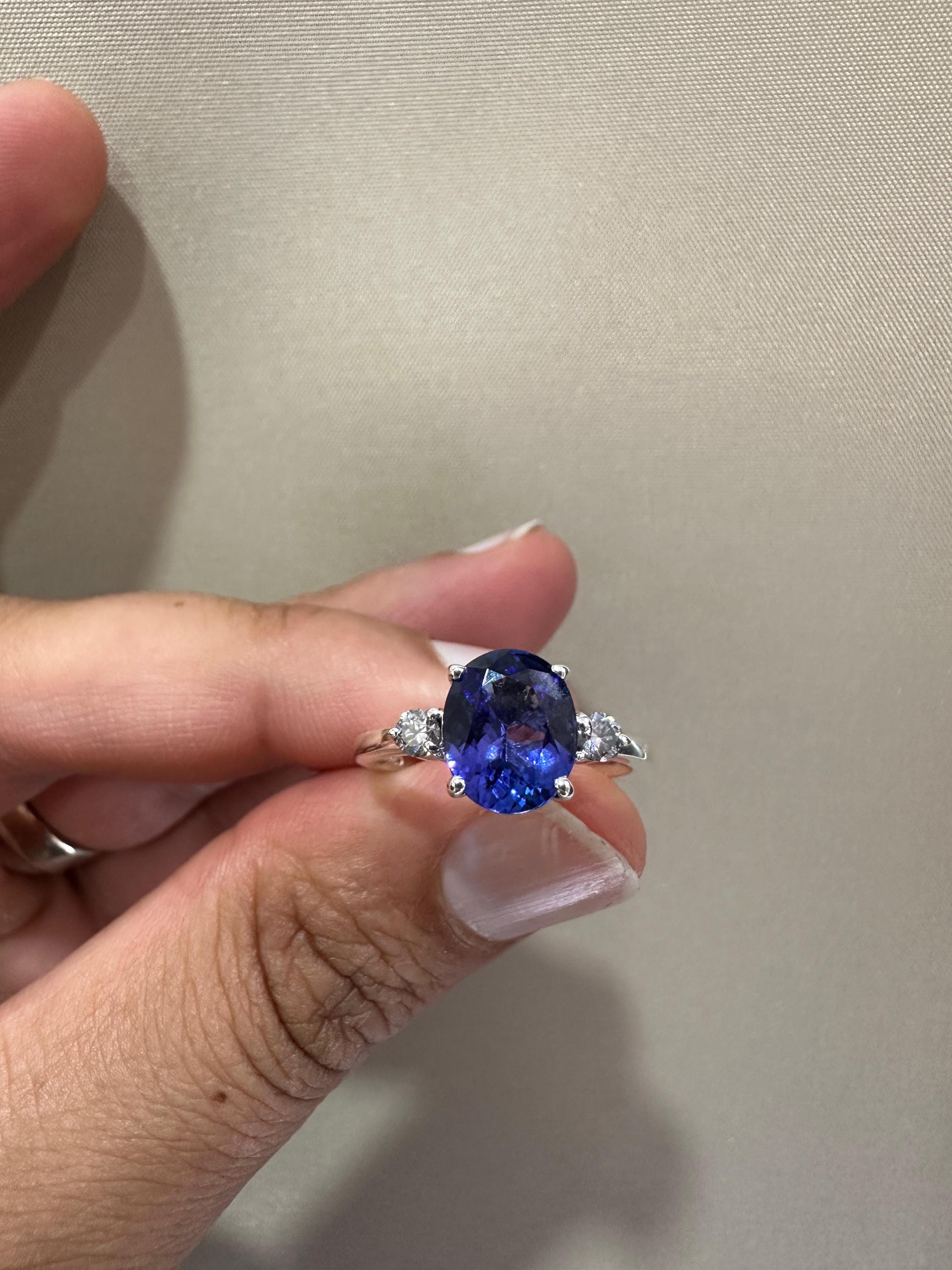 Exceptional Tanzanite Diamond Ring | 14k White Gold, Three Stone Bridal Ring for her