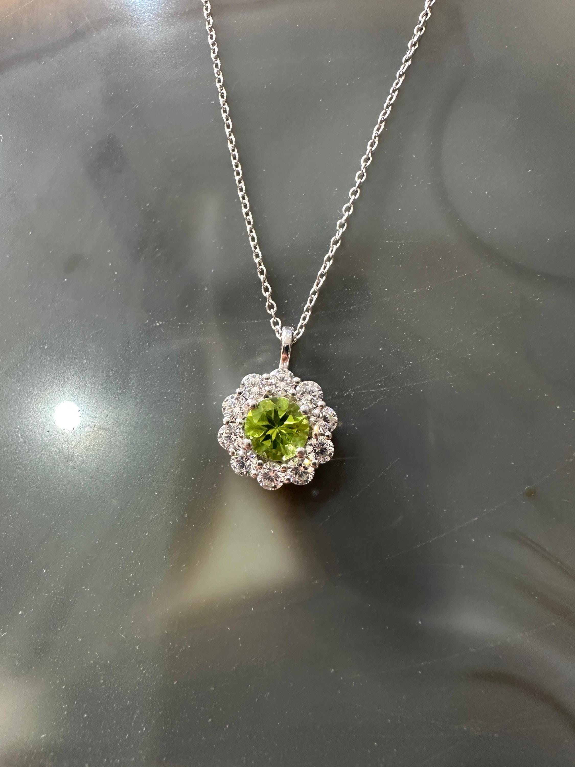 Natural Peridot Moissanite Halo Pendant | 925 Sterling Silver, Elegant gift or her
