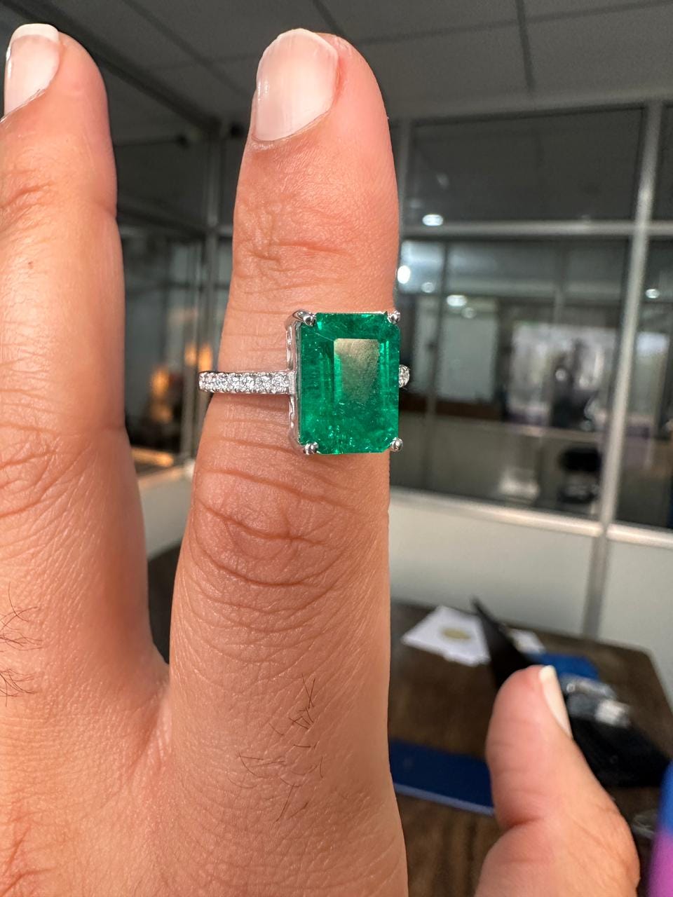 Lab Grown Colombian Emerald Ring | 14K White Gold, Diamond Anniversary Ring