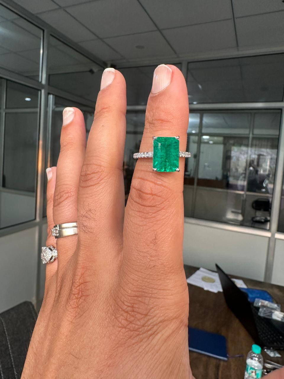 7 CT Lab Grown Colombian Emerald Engagement Ring, 14K White Gold Emerald Cut Gemstone