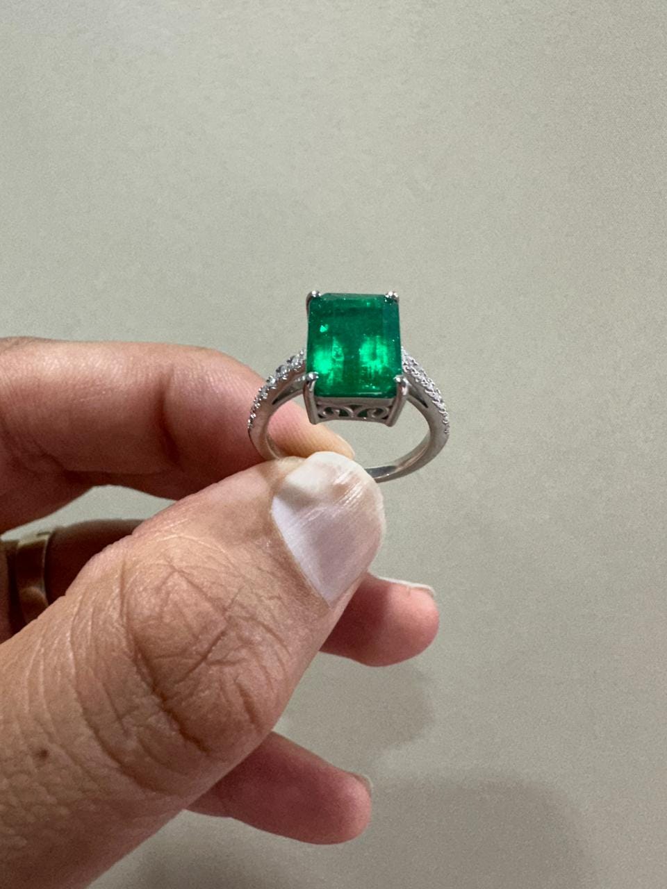Lab Grown Colombian Emerald Ring | 14K White Gold, Diamond Anniversary Ring