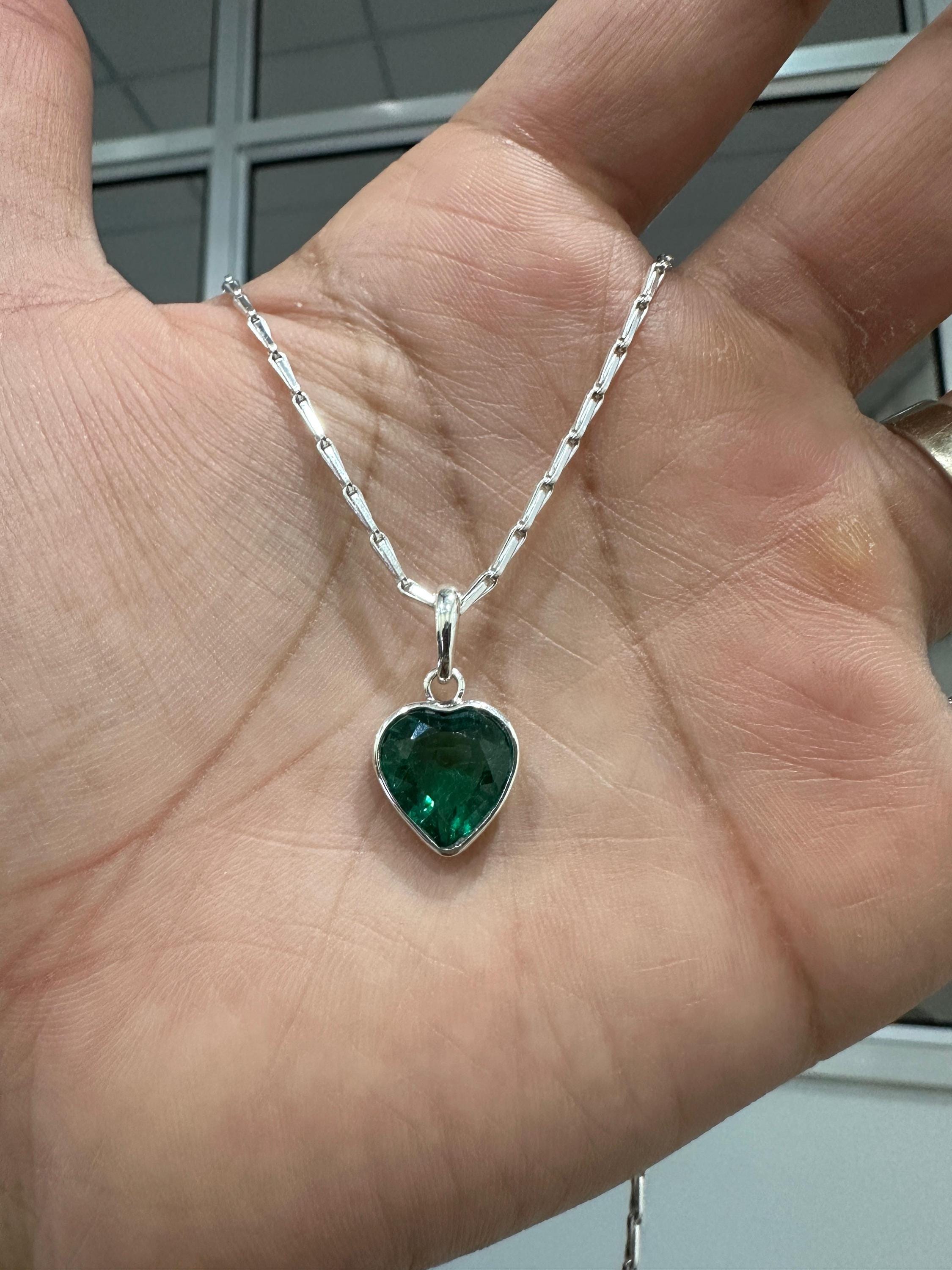Heart Shaped Emerald Solitaire Pendant | Handmade 925 Sterling Silver Necklace