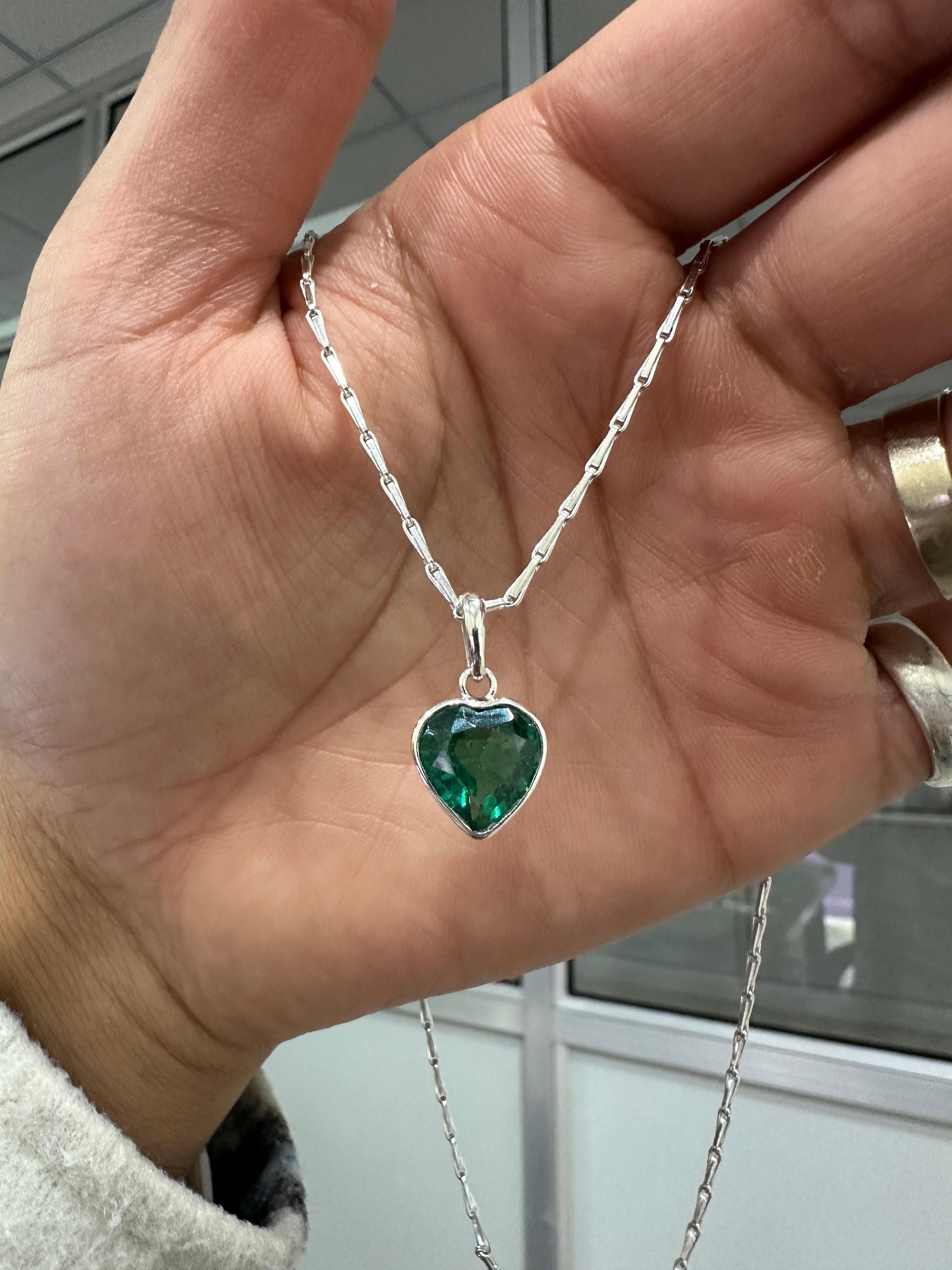 Heart Shaped Emerald Solitaire Pendant | Handmade 925 Sterling Silver Necklace