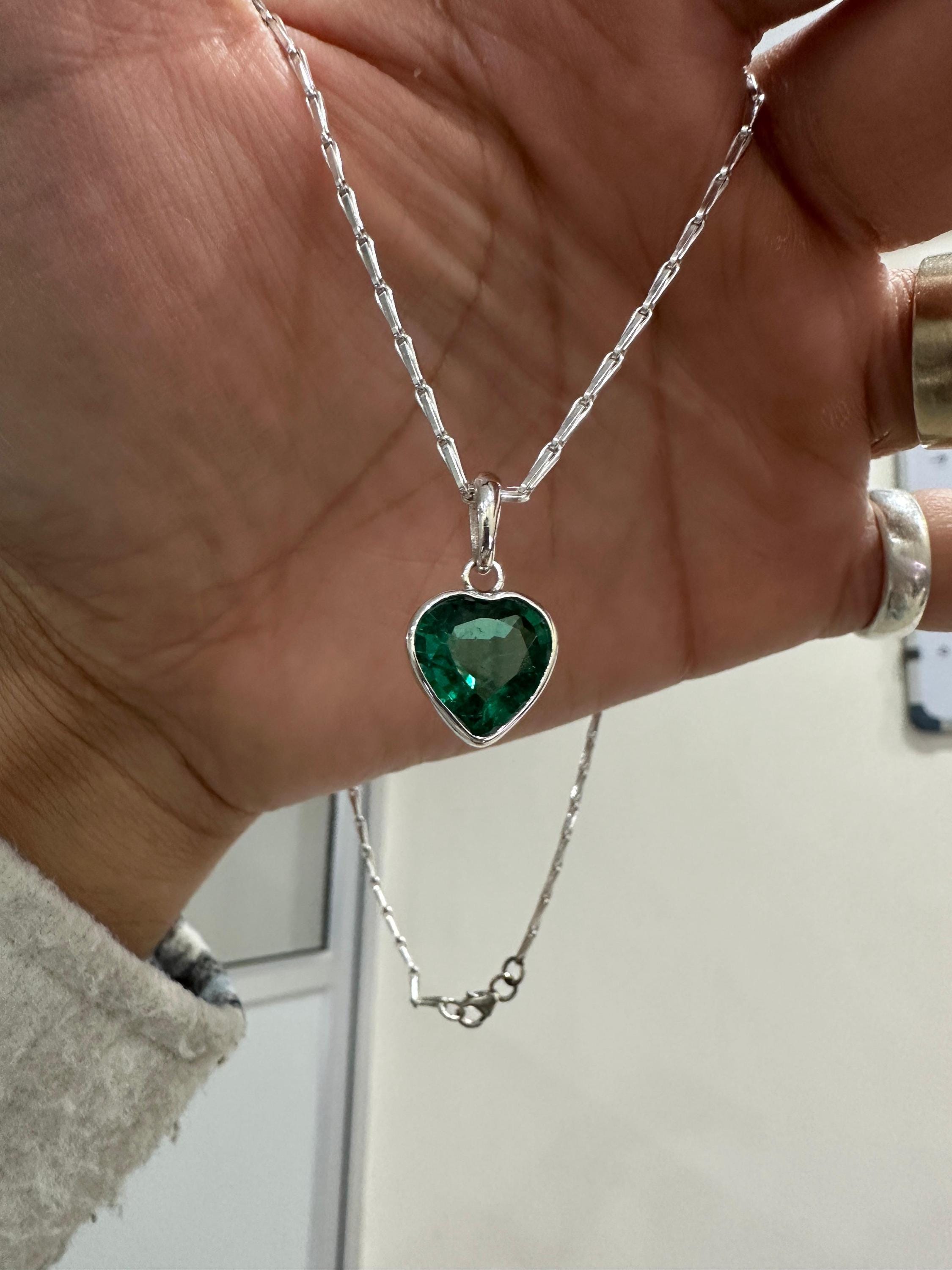 Heart Shaped Emerald Solitaire Pendant | Handmade 925 Sterling Silver Necklace