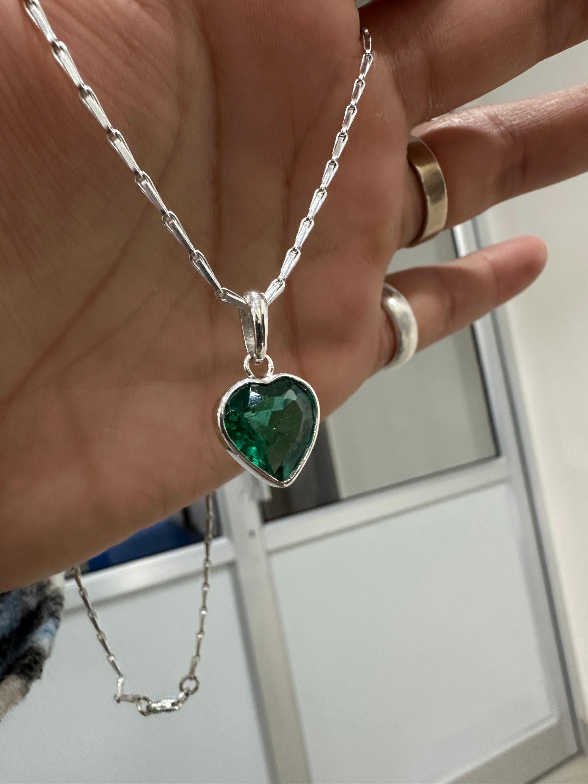 Heart Shaped Emerald Solitaire Pendant | Handmade 925 Sterling Silver Necklace