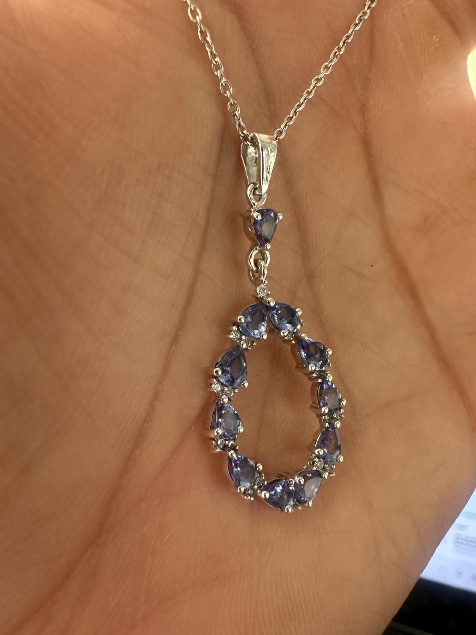 Tanzanite Pear Cut Drop Pendant Necklace, 925 Sterling Silver, Moissanite Accents