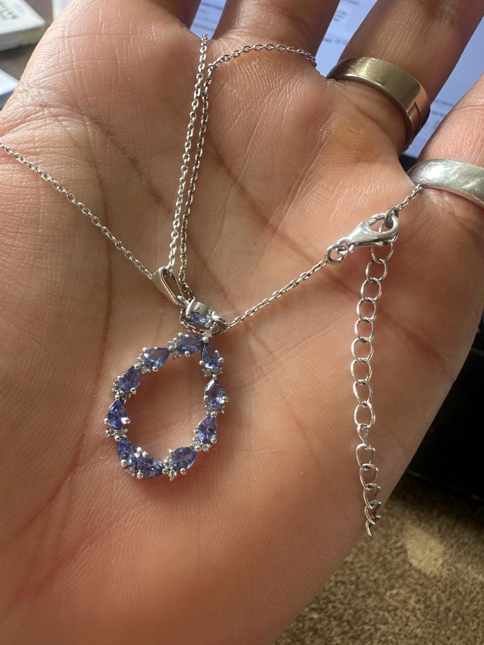 Tanzanite Pear Cut Drop Pendant Necklace, 925 Sterling Silver, Moissanite Accents