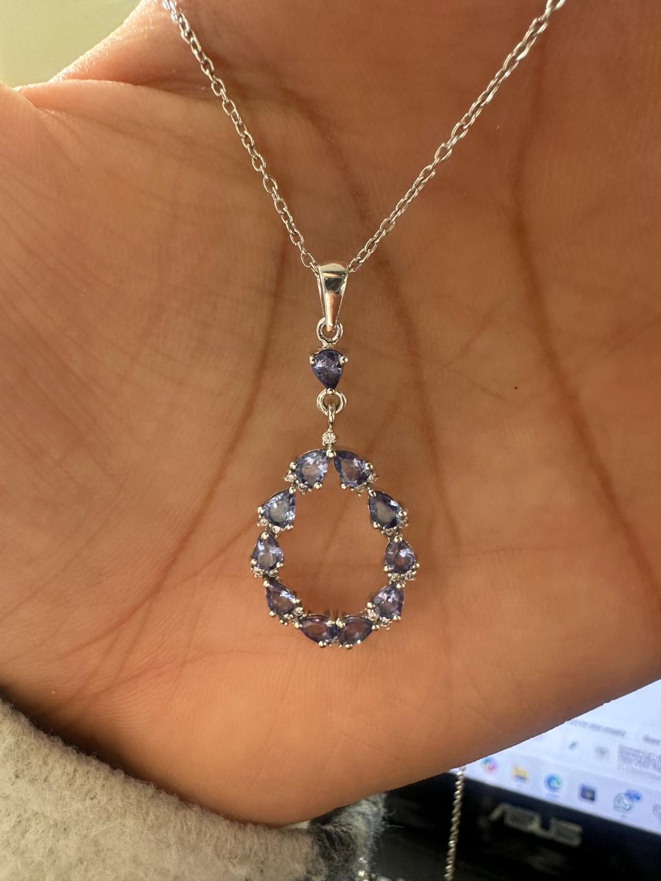 Tanzanite Pear Cut Drop Pendant Necklace, 925 Sterling Silver, Moissanite Accents