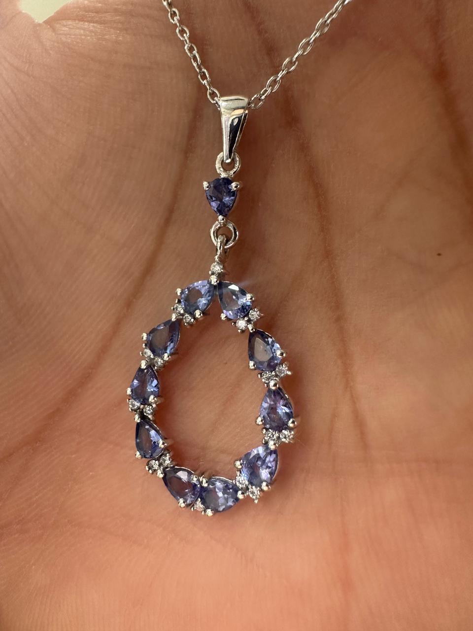 Tanzanite Pear Cut Drop Pendant Necklace, 925 Sterling Silver, Moissanite Accents