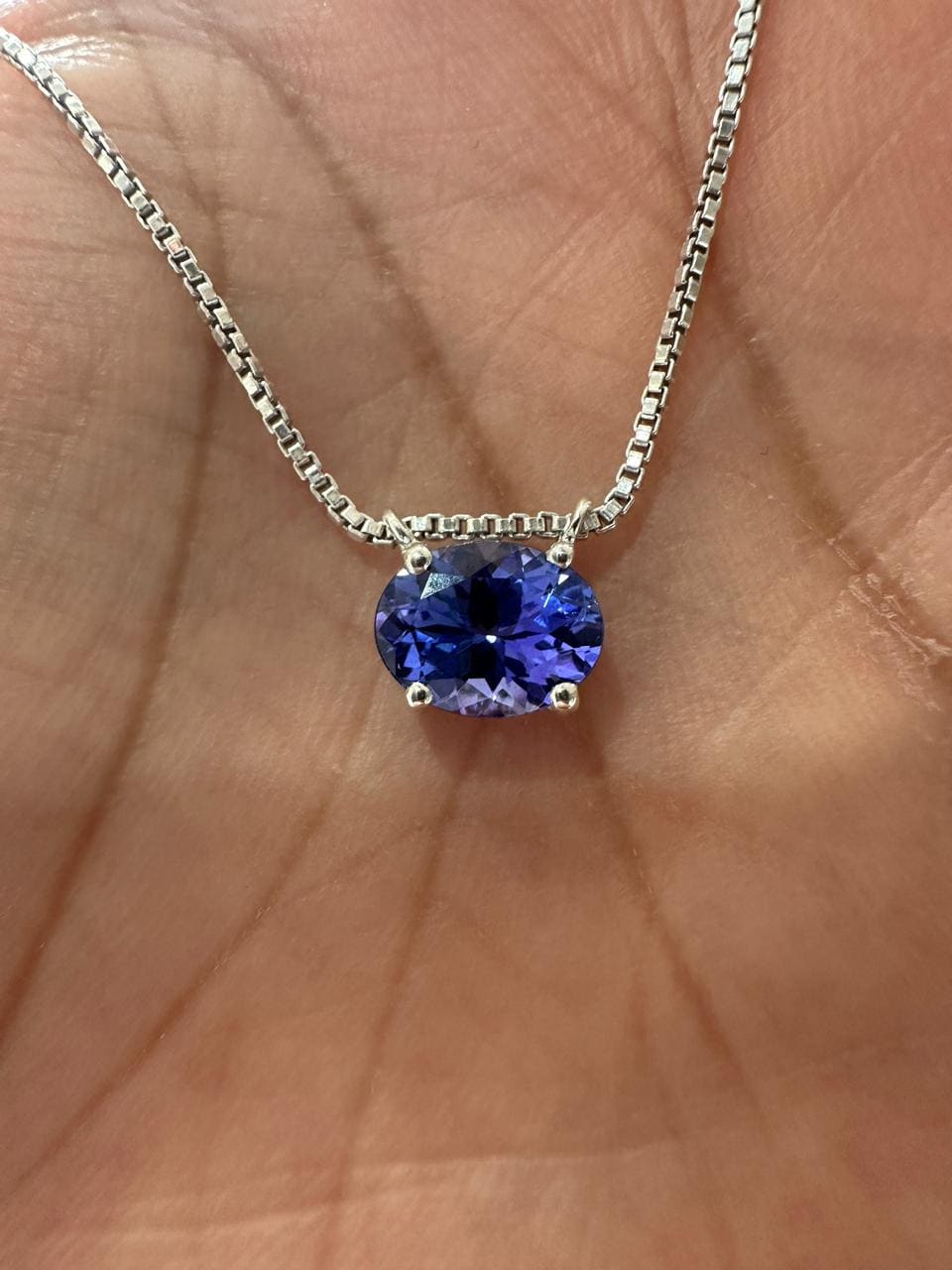 Natural Tanzanite Oval Solitaire Pendant Necklace | 14K White Gold, Blue Violet Gemstone, East-West Setting
