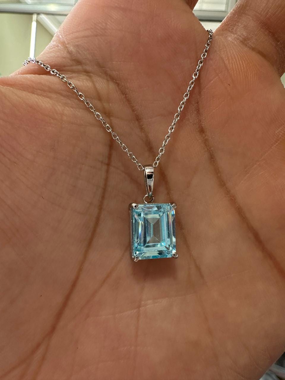 5CT Emerald Cut Aquamarine Pendant | 14K White Gold Necklace, March Birthstone