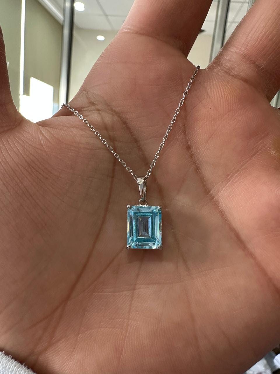 5CT Emerald Cut Aquamarine Pendant | 14K White Gold Necklace, March Birthstone