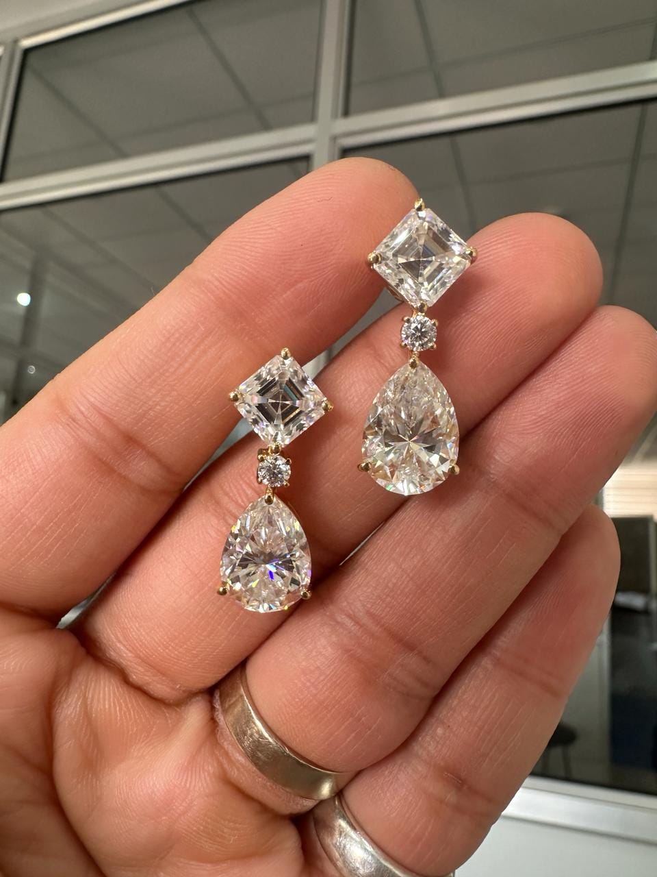 9k Moissanite Drop Earrings: Asscher & Pear Cut, Bridal Jewelry, Cocktail Earrings