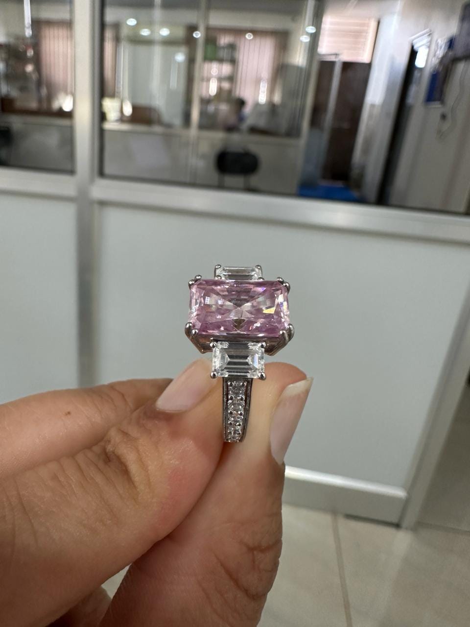 Radiant Lavender Moissanite Engagement Ring | 5 Carat, 10K White Gold, Three Stone Ring
