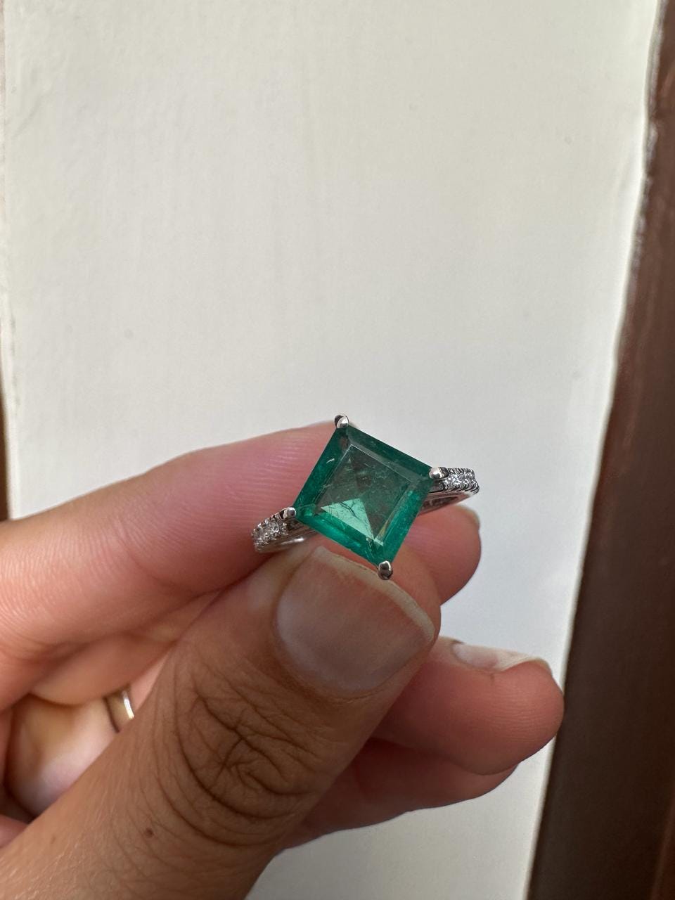 Princess Cut Emerald Engagement Ring | 14K White Gold, Moissanite Pavé
