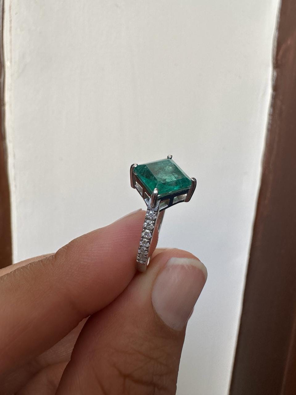 Princess Cut Emerald Engagement Ring | 14K White Gold, Moissanite Pavé
