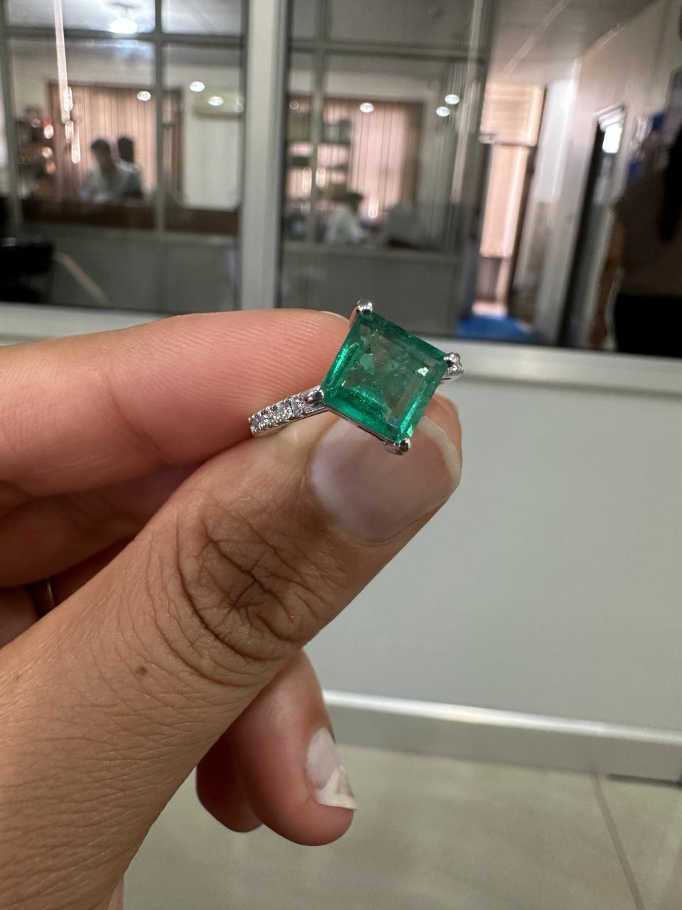 Princess Cut Emerald Engagement Ring | 14K White Gold, Moissanite Pavé