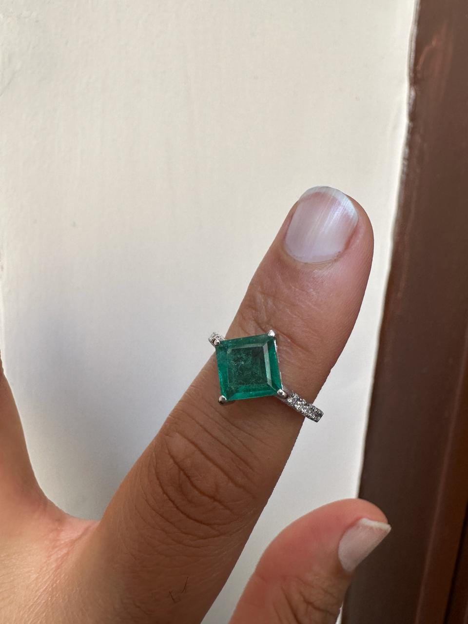 Princess Cut Emerald Engagement Ring | 14K White Gold, Moissanite Pavé