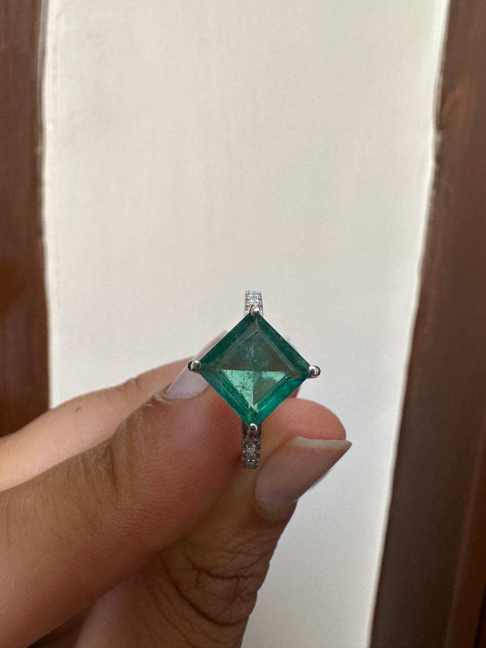 Princess Cut Emerald Engagement Ring | 14K White Gold, Moissanite Pavé