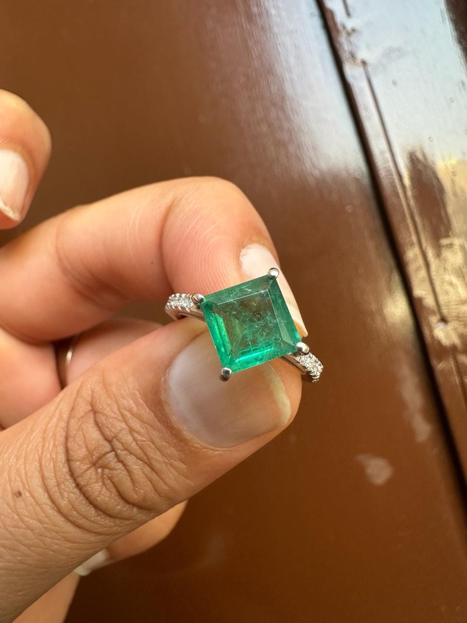 Princess Cut Emerald Engagement Ring | 14K White Gold, Moissanite Pavé