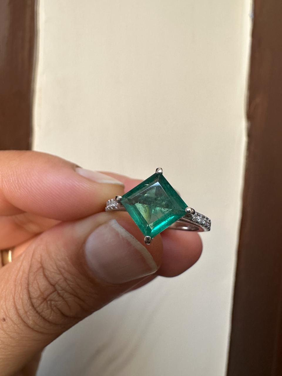 Princess Cut Emerald Engagement Ring | 14K White Gold, Moissanite Pavé