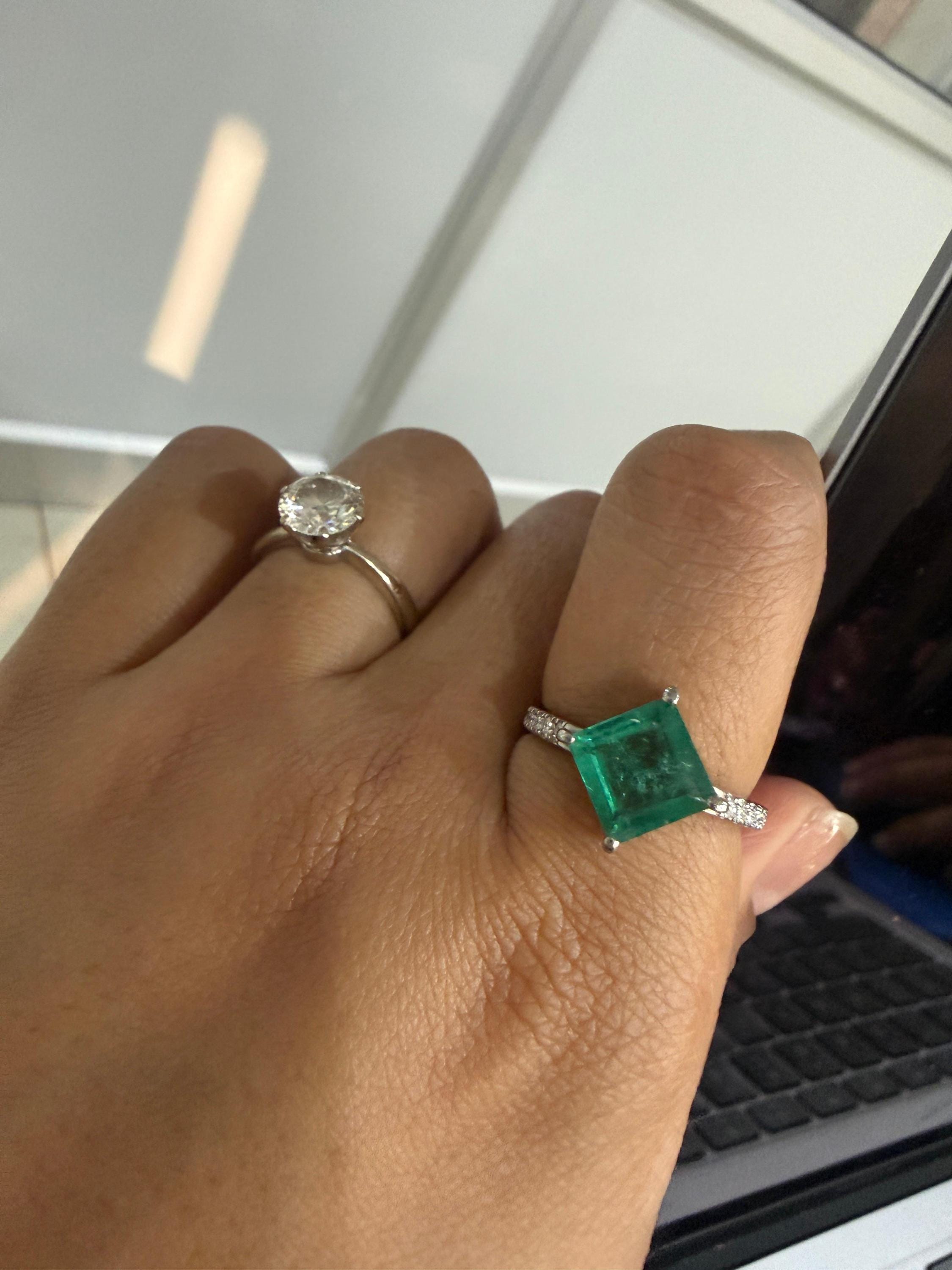 Princess Cut Emerald Engagement Ring | 14K White Gold, Moissanite Pavé