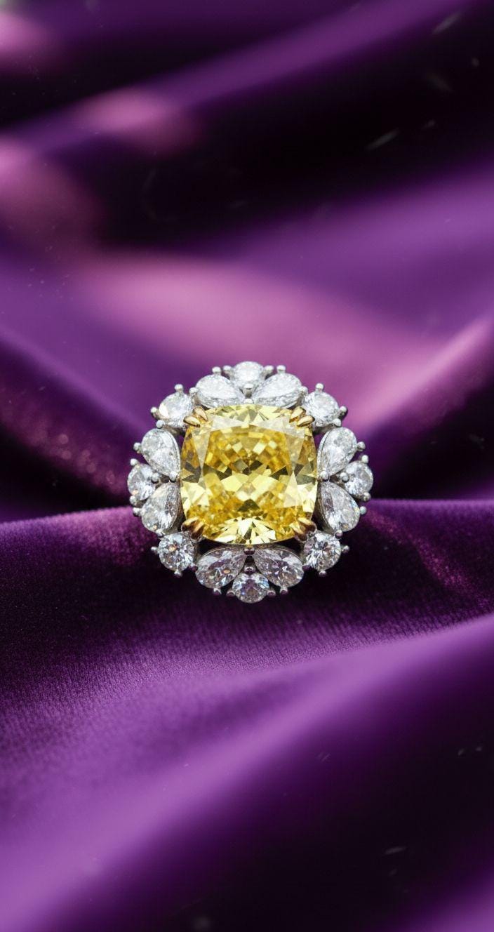 Yellow Cushion Moissanite Cocktail Ring: Platinum Finish, Sterling Silver