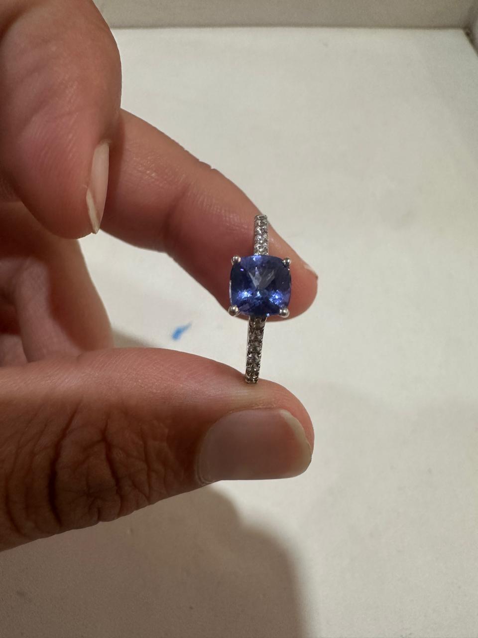 1 CT Cushion Tanzanite Moissanite Ring | 14K White Gold Minimal Engagement Ring