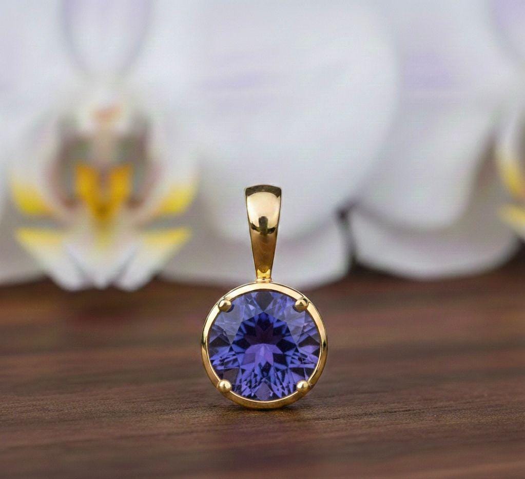 14k Gold Tanzanite Solitaire Pendant Necklace, Luxury Gift for her, December Birthstone Jewelry
