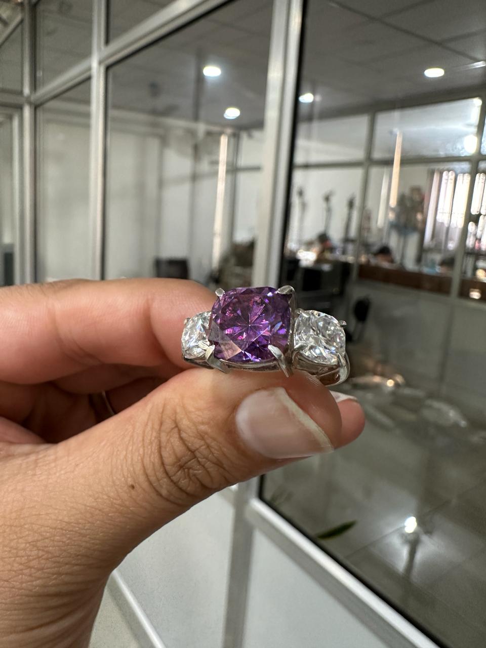 Royal Purple Cushion cut Moissanite Three Stone Ring | 14k White Gold, 8 Ct Ring