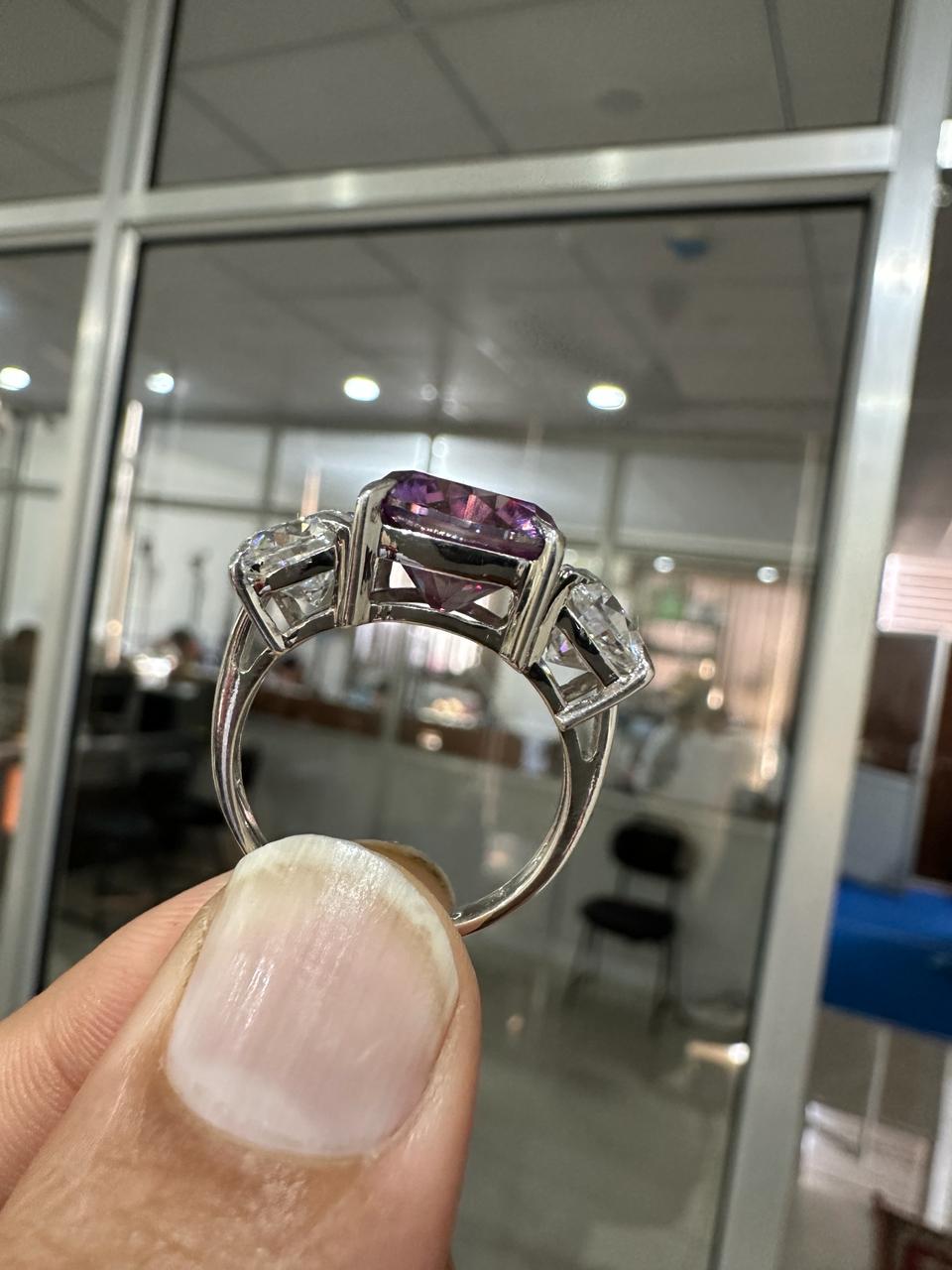 Purple Cushion Moissanite Engagement Ring | 14k Gold | Modern Wedding Three-Stone Ring
