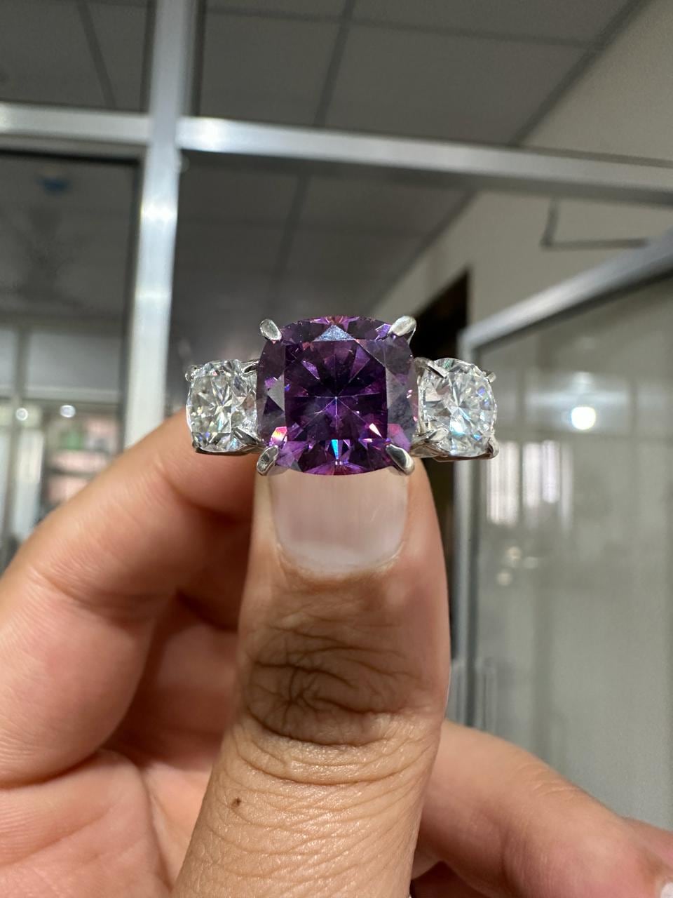 Purple Cushion Moissanite Engagement Ring | 14k Gold | Modern Wedding Three-Stone Ring