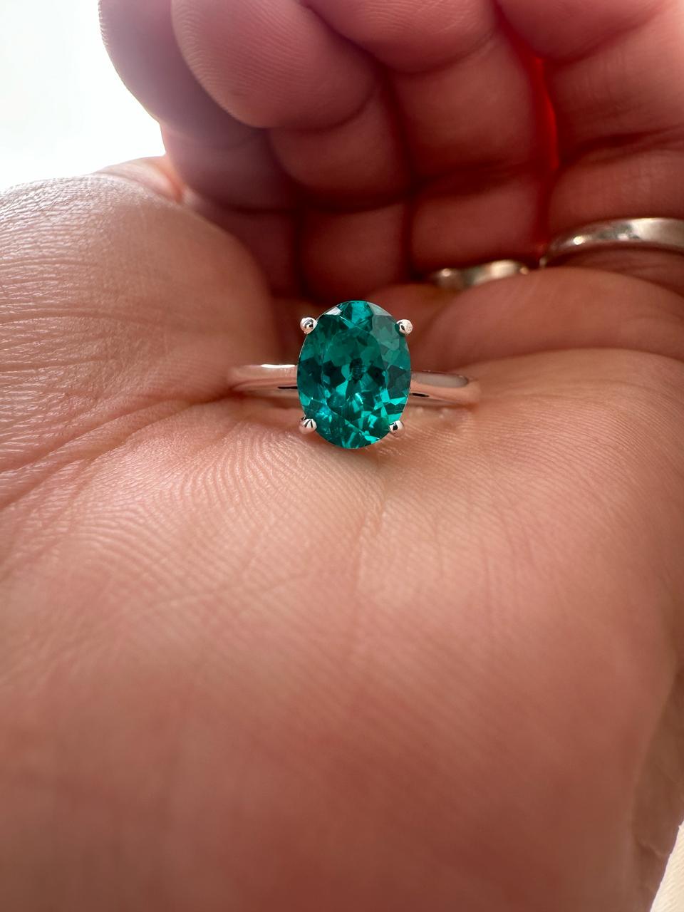 Lab Grown Paraiba Tourmaline Ring | 14K White Gold Oval Solitaire Ocean Blue Gemstone