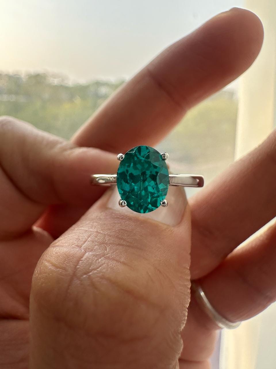 Lab Grown Paraiba Tourmaline Ring | 14K White Gold Oval Solitaire Ocean Blue Gemstone