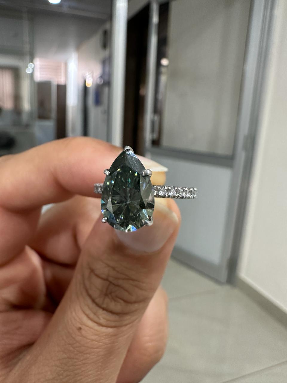 Pear Cut Alexandrite Moissanite Engagement Ring | 14K White Gold Color Changing Bridal Ring