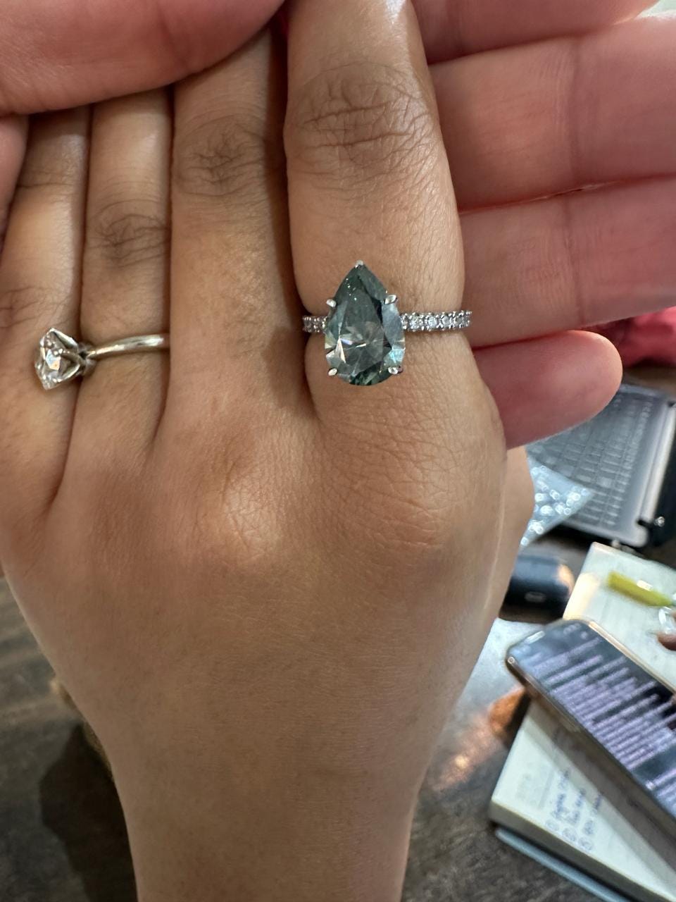 Pear Cut Alexandrite Moissanite Engagement Ring | 14K White Gold Color Changing Bridal Ring